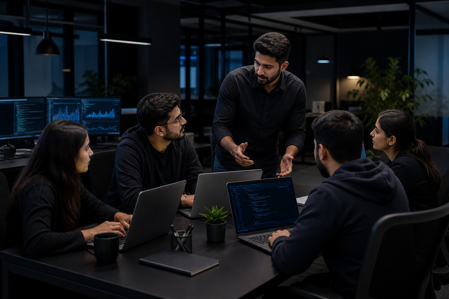 Team collaborating in a modern office workspace